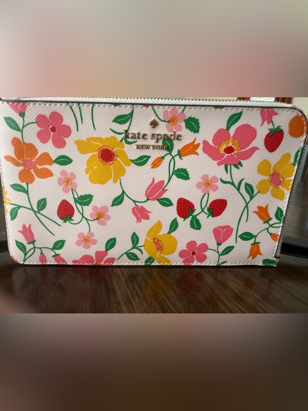kate spade strawberry gard floral zip clutch in pink, yellow & green